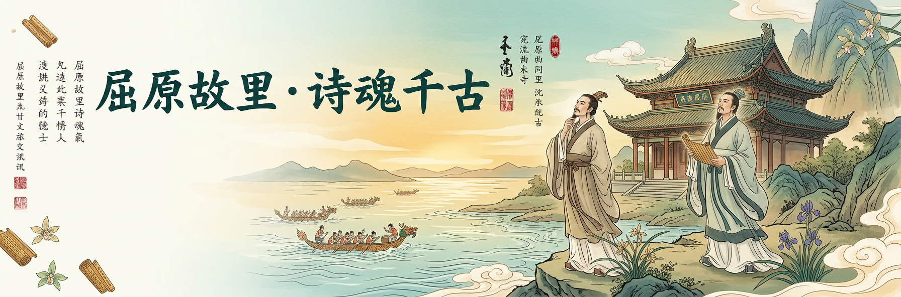屈原故里祠庙建筑与台阶，背景为秭归江段